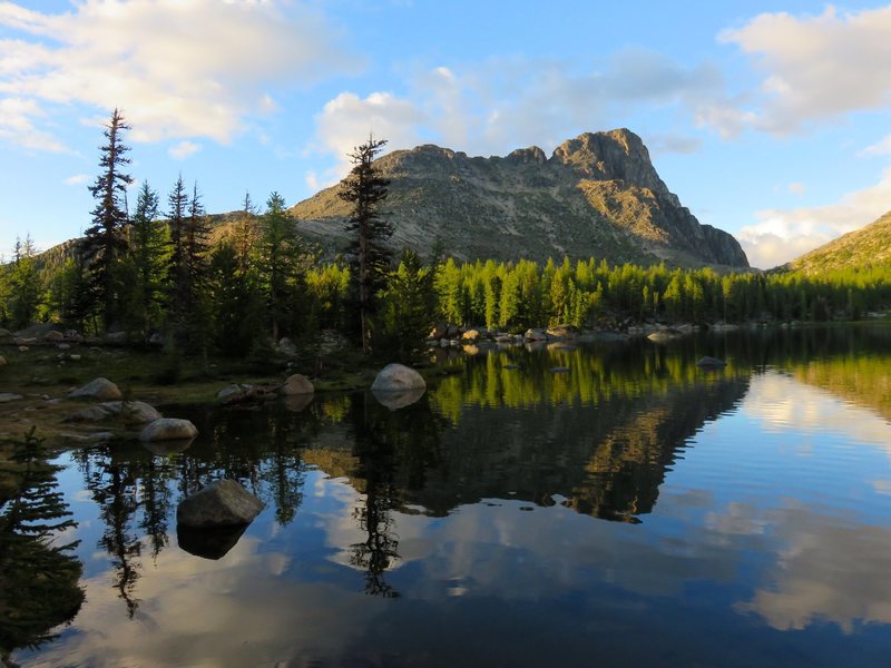 Cathedral Peak from Upper Cathedral Lake. SE Buttress on right skyline.