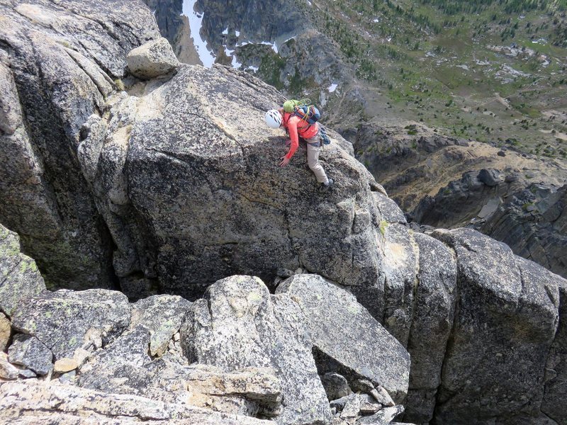 The section on the descent that you either jump across or downclimb an exposed section a bit to make an easy step across. In the photo Janet is doing the downclimb rather than the jump across.