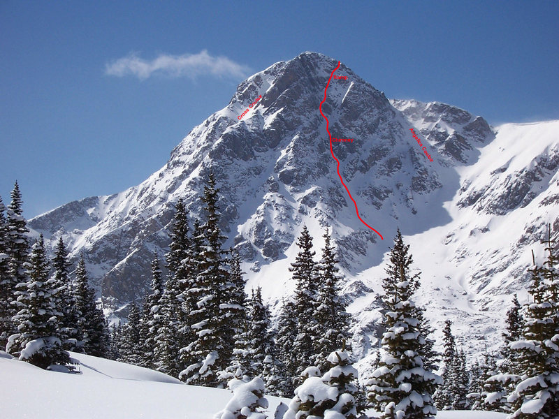Photodiagram of the North Face of Holy Cross Mountain (winter pic borrowed from Summitpost).