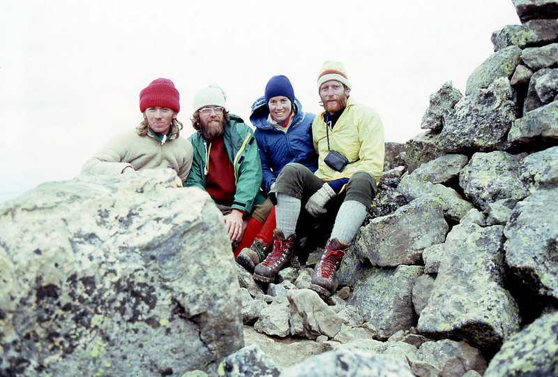 The first ascent party with friends on the summit - dressed in era-appropriate duds (L to R: Larry Coats, Joe Sharber, Gloria Hardwick, and Ross Hardwick).