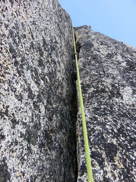 Hand/fist crack on on the second half of Pitch 4 of The Valkyrie. This crack is hidden from view until you pull around the arete.