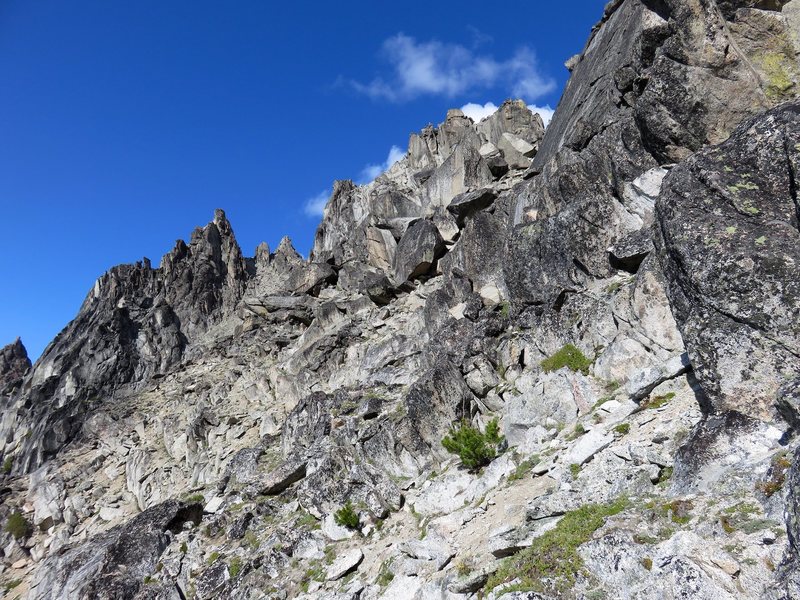 This was taken from just below the 5.6 downclimb from the top of Aasgard Sentinel. The standard descent is to hike up this slope to the Enchantment Peak Plateau and then romp back down to Aasgard Pass and back to your packs at the base of the route.