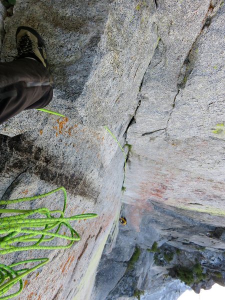Looking down from the belay at the top of the Pitch 4 corner.