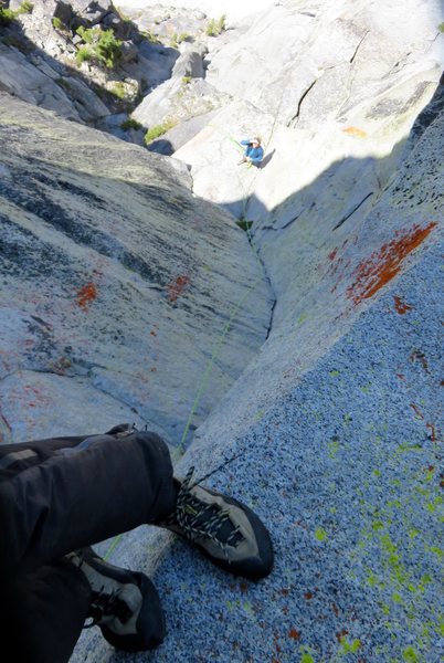 Looking down at the nice hand-crack of Pitch 6; this crack felt 5.10a to me. I took this photo from the location of the 11+/12- crux.