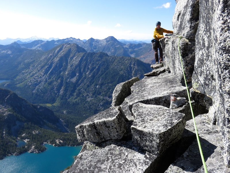 From the top of Pitch 7, move right about 40 feet along a nice ledge.