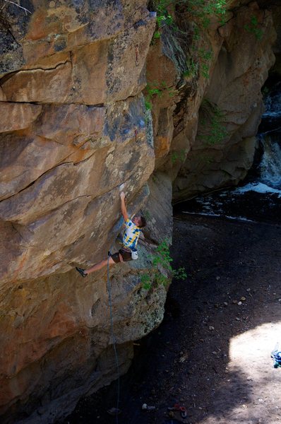Nat on a Unnamed 5.12-, north side of the river at LEF. Bouldery, big lock-off crux down low.
