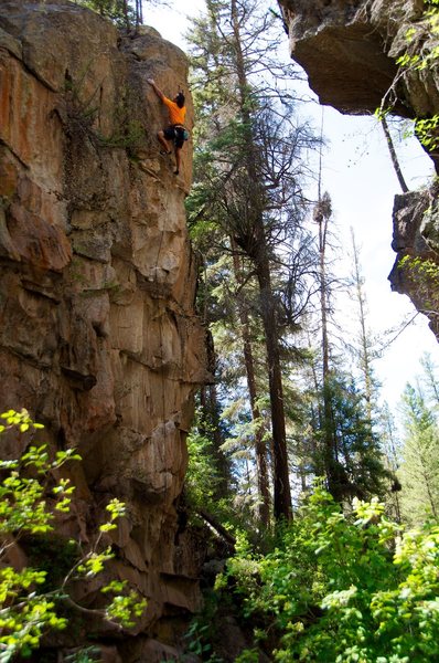 Heath nearing the top of "PBR Street Gang" (5.12+), LEF south side of river
