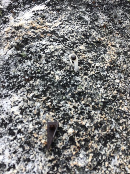 On P3, while looking up and left on the slab, these two crappy bolts are up near the mini right facing dihedral (el grandote)