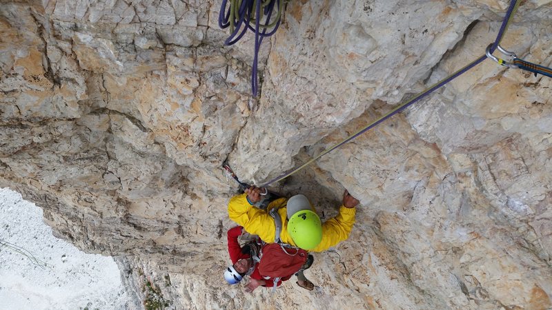 With a slightly better forecast, we managed to climb the famous Spigolo Giallo "Yellow Edge" at Tre Cime. A very nice 13 pitch route. Cime Piccola di Laveredo , The amazing tower on the left.Dolomites, Italy with Mike C, and Doug D. July 18th - August 4th, 2016.