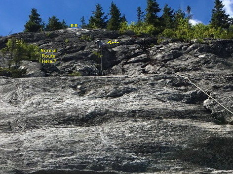 Looking up at the top of P6 and P7 (as described.) Note white rock and "BB" for top anchors...but you don't see them. (Note: we didn't split the pitch into two)