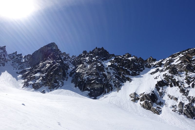 View from afar of the route between the Northeast Couloir (left) and the North Buttress Couloir (right)