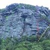 Green: Quartz Crack (5.9)<br>
Blue: The Diagonal (5.8+)<br>
Purple: The Diagonal: Right Finish (5.9+)<br>
Red: Flight of the Manatee (10c)<br>
Pink: Trail<br>
Yellow: Rappel Route
