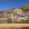 Rush climbing area on June Lake loop - wide view from NW.<br>
climbing sectors ...<br>
1. Farquhar<br>
2. Rowell<br>
3. Dawson<br>
4. Clyde<br>
5. Brower<br>
6. Sharma<br>
7. Hill<br>
8. Dostie<br>
9. Chouinard<br>
upper wall ... multi-pitch