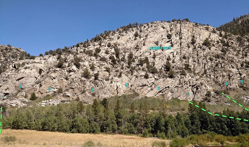 Rush climbing area on June Lake Loop - overview from West.
<br>
climbing sectors ...
<br>
1. Farquhar
<br>
2. Rowell
<br>
3. Dawson
<br>
4. Clyde
<br>
5. Brower
<br>
6. Sharma
<br>
7. Hill
<br>
8. Dostie
<br>
9. Chouinard
<br>
upper wall ... multi-pitch