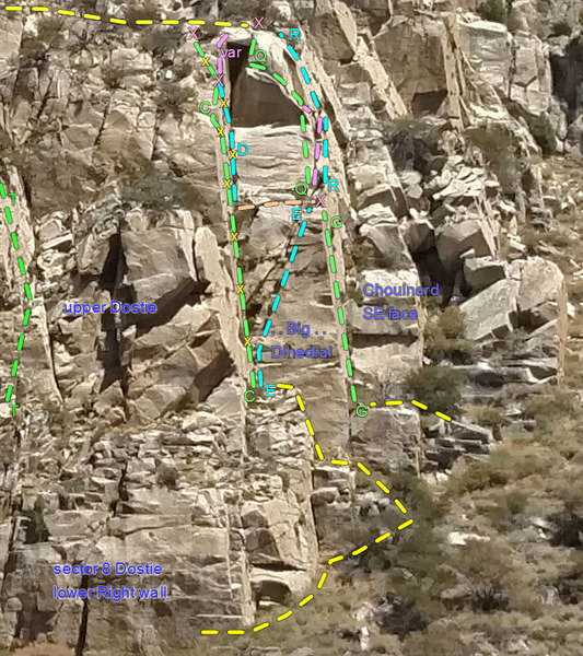 Chouinard sector 9 :
<br>
C. One Pine
<br>
D. BD Left Inside
<br>
E. Thinking
<br>
G. Southeast Crack
<br>
Q. BD Right Up & In
<br>
R. Southeast Roof