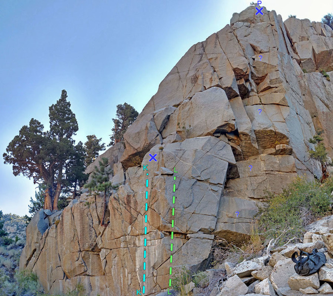 Farquhar sector 1 of Rush area
<br>
overview of routes:
<br>
K. Lower Right Direct
<br>
L. Lower Right Arete
<br>
P. 2-bolt anchor at top
<br>
. . . (Trad route below it?)