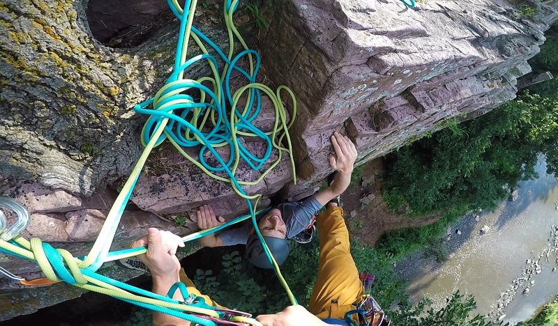 Bringing my partner up The Verdict (5.6) at Palisades State Park on August 12, 2016.