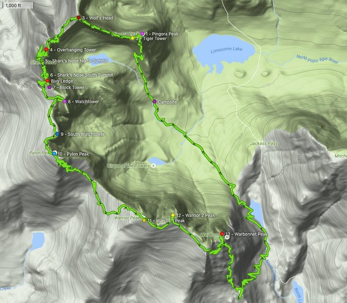 Here is our GPS tracks of the Traverse and all 13 summits. 30 Pitches, ~17 raps, & about 22 miles.