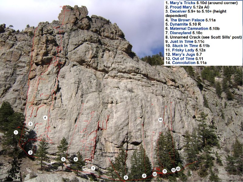 Topo photo with route names overlay.