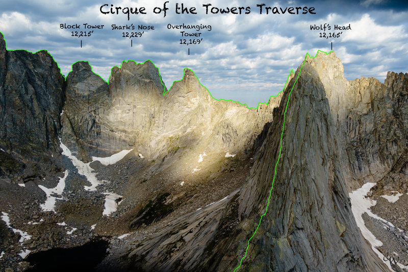 Soaking in the sunrise & view from the first summit, Pingora. This photo shows the peaks that make up most of the technical climbing on the Cirque Traverse. What’s left? Around 24 pitches including the iconic 50 classic East Ridge of Wolf’s Head, ~14 raps, & a lot of scrambling.
