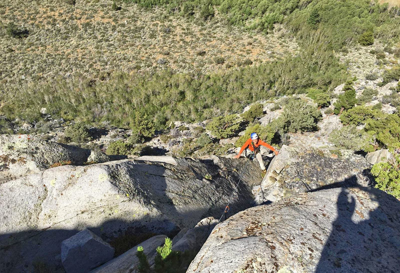 Ken following multi-pitch led by Neil,
<br>
in upper part of upper wall at Rush climbing area