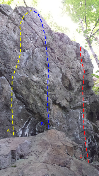 A- Pour le meilleur et pour le pire 5.13b<br>
B- Projet 5.13<br>
C- Wind Dancer 5.12b