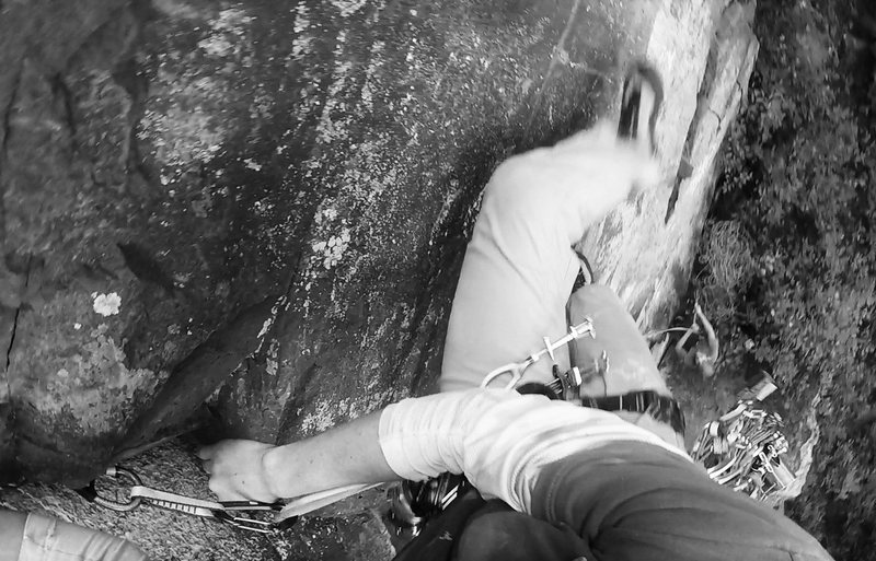 Getting twisted on Grishnakh and Gorbag (5.7) while on onsight lead at Interstate State Park on August 21, 2016.