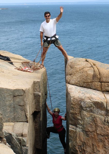 Sheri and I climbing The Great Chimney 5.5 at Otter Cliffs, Acadia National Park August 2016