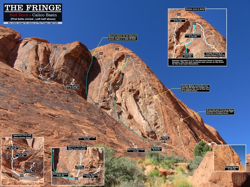Routes on the left half of The Fringe. First bolts circled. Cheers.(Best viewed at full size)