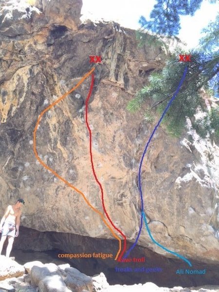 Low start extensions for routes in Nomad Cave. These routes all have boulder problem starts which lead into sport routes. Note* perspective is lost as the cave stretches back 15' not visible in the photo.