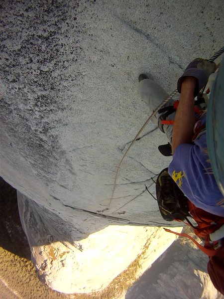 Descending down the Half Dome Cables while they are down and w/o steps. Good idea to bring gloves