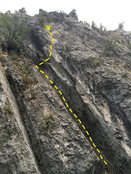 Ramp is between cliff sections and faces up stream