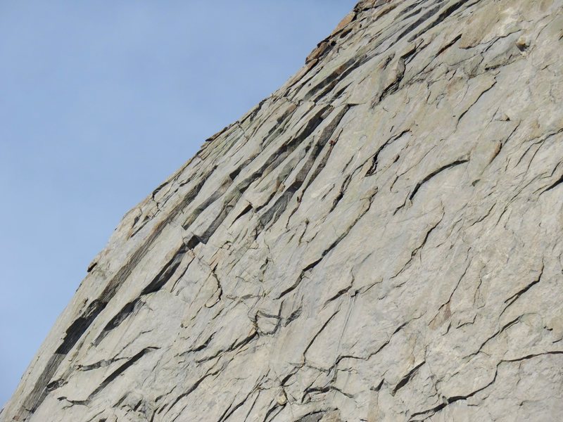 A view of climbers on the dihedral (Pitch 8).