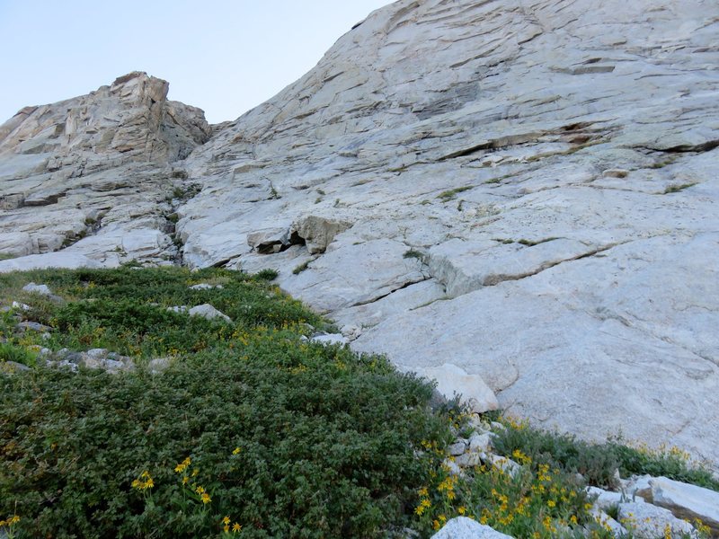 The route starts at a high point of the slopes, right of a large-left-leaning gully. The roped climbing starts about 100 feet up at an arching, vegetated ledge with red stone above it (right-center in photo).
