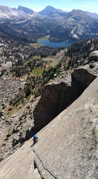 Looking down on the crux finger crack pitch.