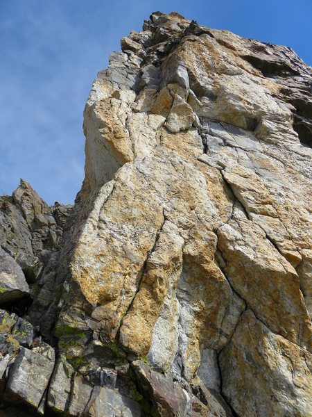 Pitch 3. We took the original route which starts just left of the arete and climbs a face (runnout but easy) back to the right side of the arete. Really fun climbing.