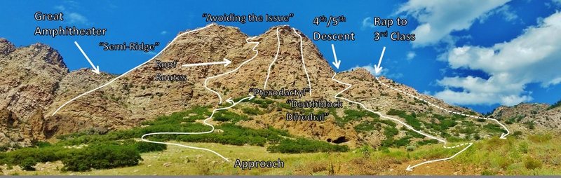 Overview of the South Buttress of the Mezzanines, taken from the approach trail near the boulder, just before heading left to stay on the ridge.