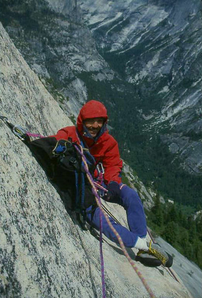 Hanging belay high up on Crest Jewel, North Dome (scanned slide taken by Bill McConchie)