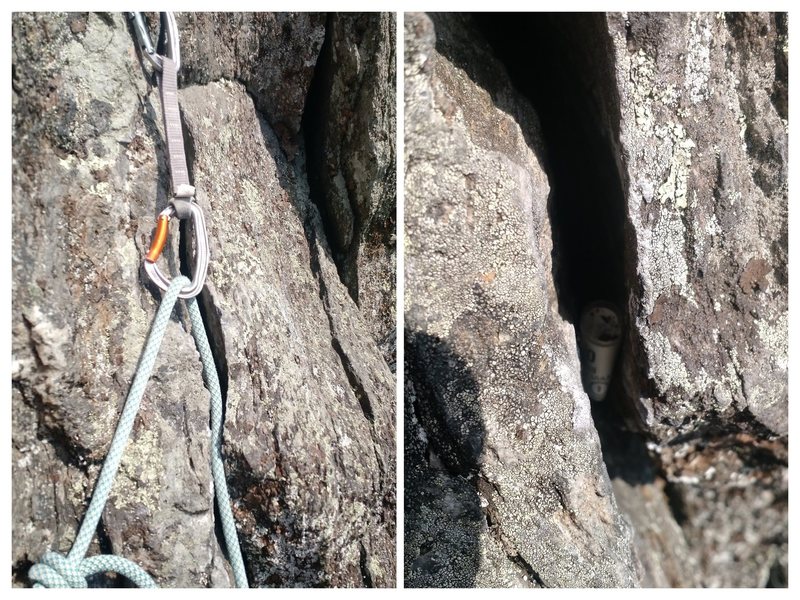 Don't pull the rope down through the draws! Pull it the other way, or else the end can get stuck in the crack near the 8th (or 9th?) bolt, as shown. Ours got jammed pretty tight, and there was a rope label from someone else who I'm guessing had the same issue previously.