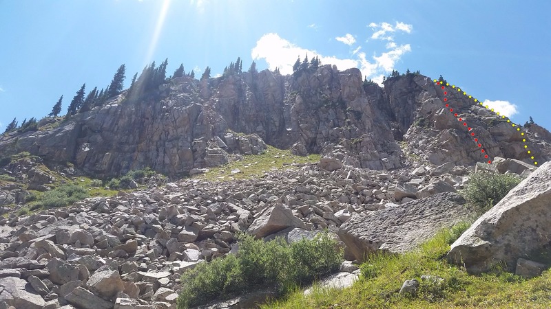 The Main Buttress from the talus field. Nate's Fate is marked in yellow, and Hon Solo is marked in red. The descent is off the photo to the left (south).