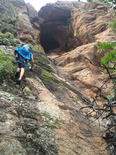 walking up into the cave