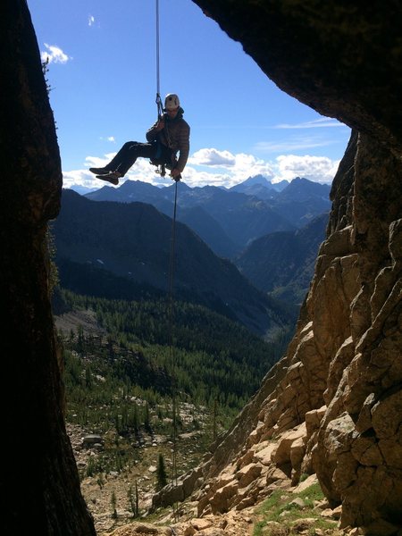 John on the famous chockstone rappel. Trip report on spokalpine.com