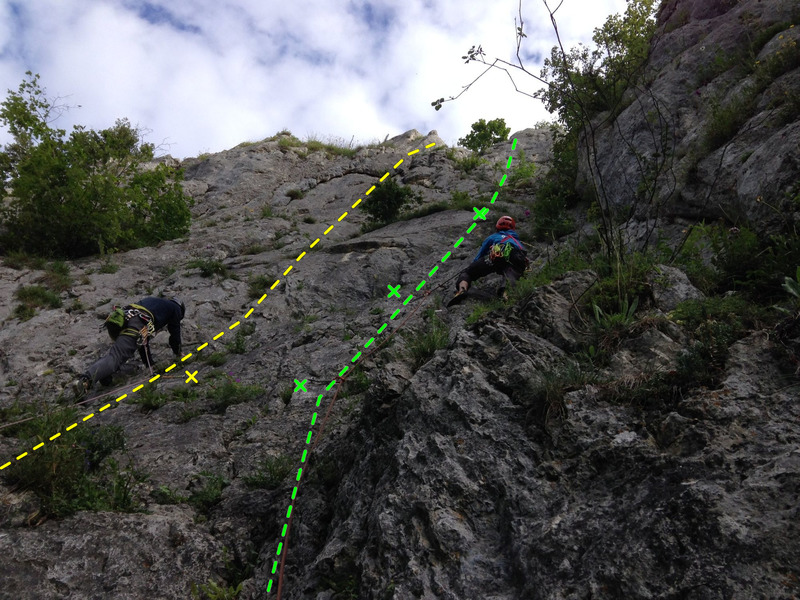 Left climber on Letzte Mohikaner. Right climber on Irisweg.