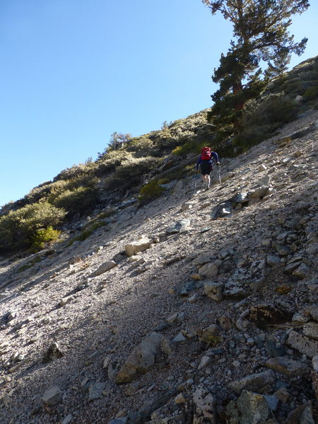 The steep talus field on the approach