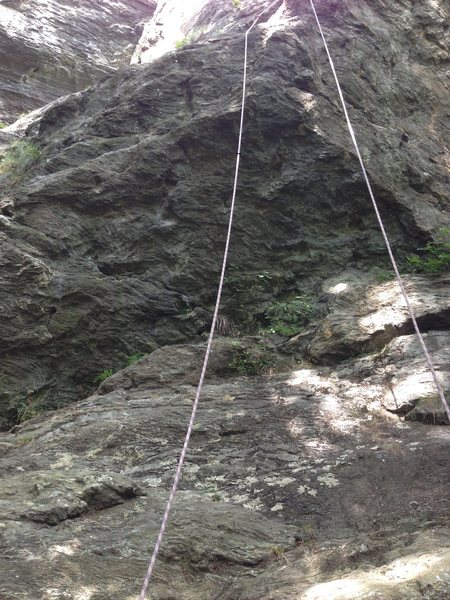 First overhang section of the big easy, just left of the ropes. The overhang is short and adjacent to the armed and dangerous wall. Don't confuse it for the over hang of Arugula Arugula, which is down and to the right with a steeper start and more overhung moves.