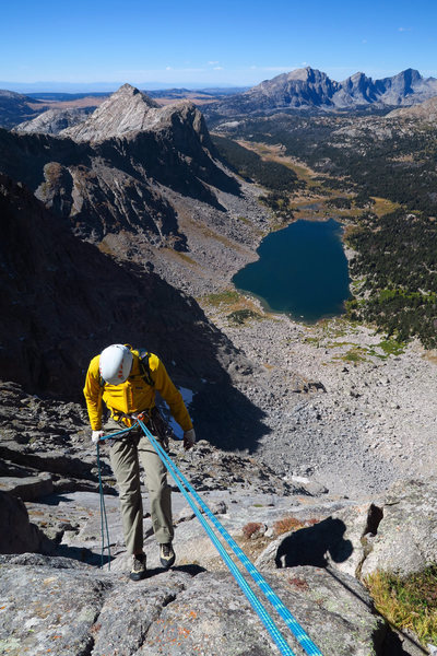 Descending Wolf's Head. Shadow Lake in the distance.
