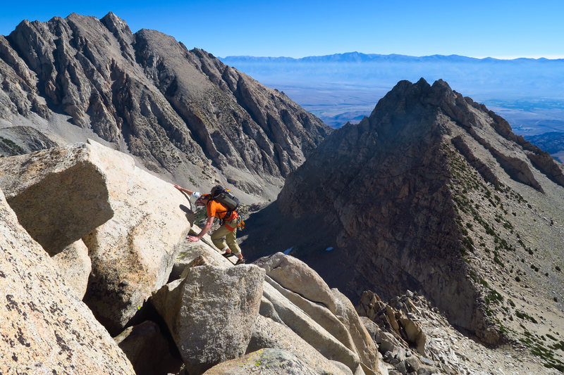 Climbing some easy terrain near the beginning of the E ridge/arete of Humphreys