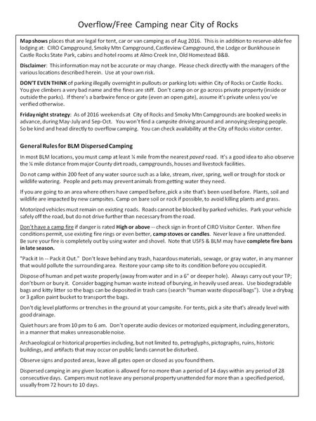 Beta Info on Camping at City of Rocks and Castle Rocks including 'free' climbing on nearby BLM and Forest Service land. This info is provided by CRAG (Climbing Resource Advisory Group) which is a coalition of climbing coalitions formed to advocate and advise Castle Rocks and City of Rocks park officials on climbing related matters at both parks.