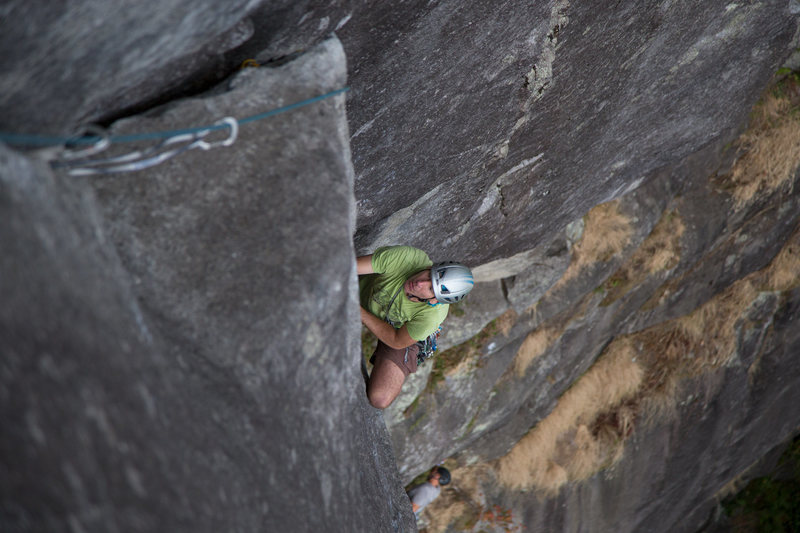 Fletch approaching the belay at the second pitch of Davis-Holland