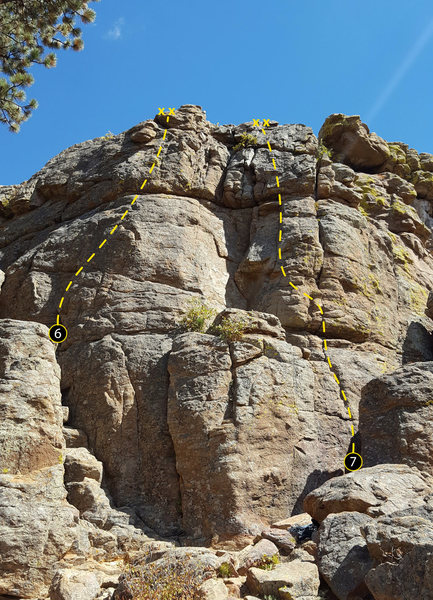 Right side of the west face of the East Block.<br>
<br>
6. Unknown Slab (?).<br>
7. Unknown Sport Route (5.7).